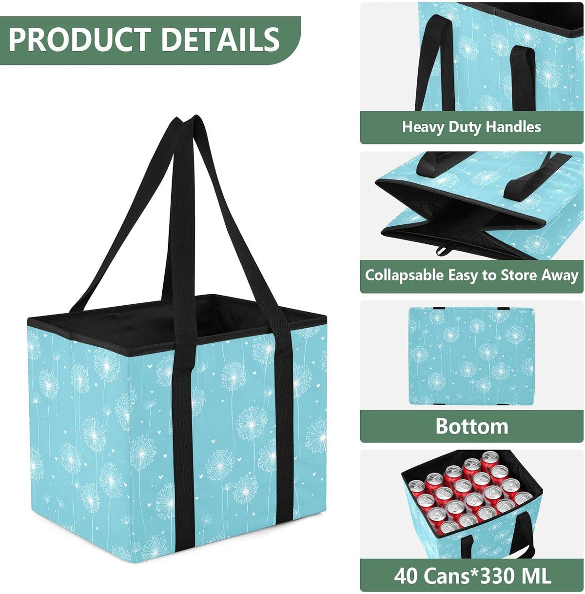 Trunk Organizer Collapsible Car Organizer with Handle Car Storage Box Bin for Groceries SUV Utility Tote Bag Portable Vehicle Container Bright Blue Dandelion Heart