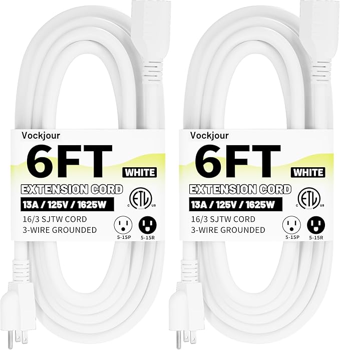 16/3 White Indoor Outdoor Extension Cord 6 Ft 2 Pack Waterproof, Extension Cord with 3 Prong Grounded Plug,13A 1625W 16AWG SJTW, Flexible Weatherproof Power Cable