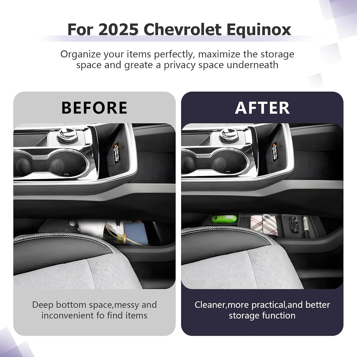 LUWU 2026 2027 Equinox Center Console Organizer Compatible with 2025 2026 2027 Equinox Accessories Under Console Tray Armrest Console Organizer Equinox 2026 Accessories 2Pack (Not for EV Model)