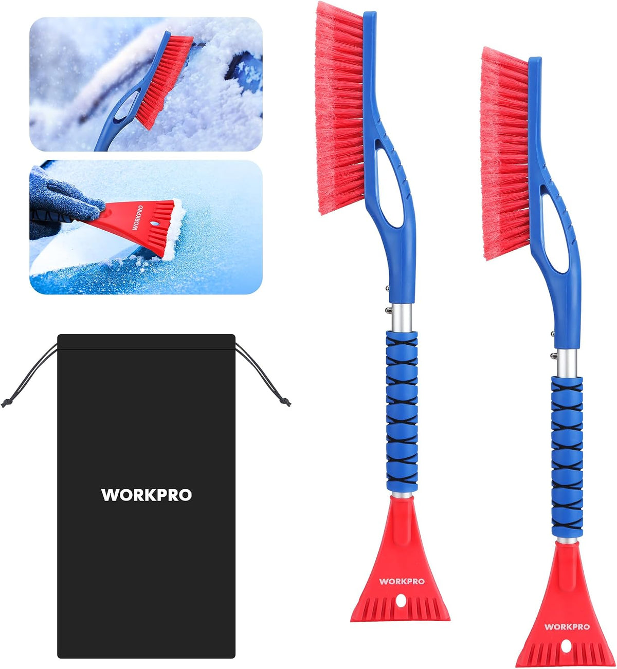WORKPRO 27" Snow Brush and Ice Scraper for Car Windshield, Car Snow Brush and Ice Scraper with Foam Grip, 2-in-1 Detachable Snow Removal Tool, Storage Bag Included, 2 PC