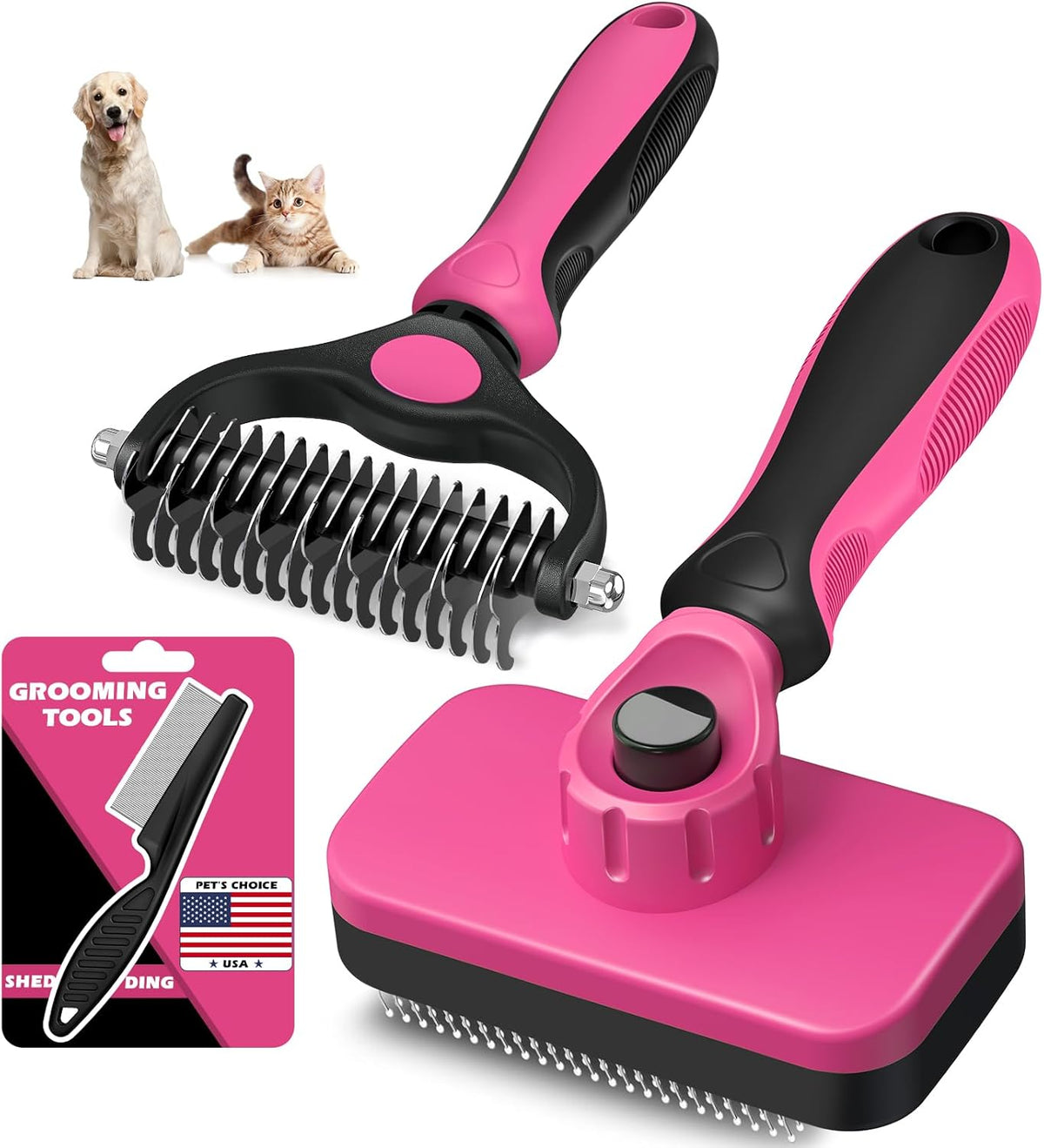 Skiennix Self-Cleaning Slicker Brush Set - Pet Grooming Rake & Flea Comb for Dogs, Cats, Horses | Red