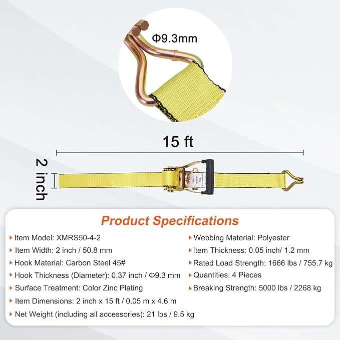 VEVOR 2" x 15' Ratchet Straps Heavy Duty (4PK), 5000 lb Break Strength, Double J Hook Includes 4 Premium Rachet Tie Downs with Padded Handles, for Moving Securing Cargo, Appliances, Lawn Equipment