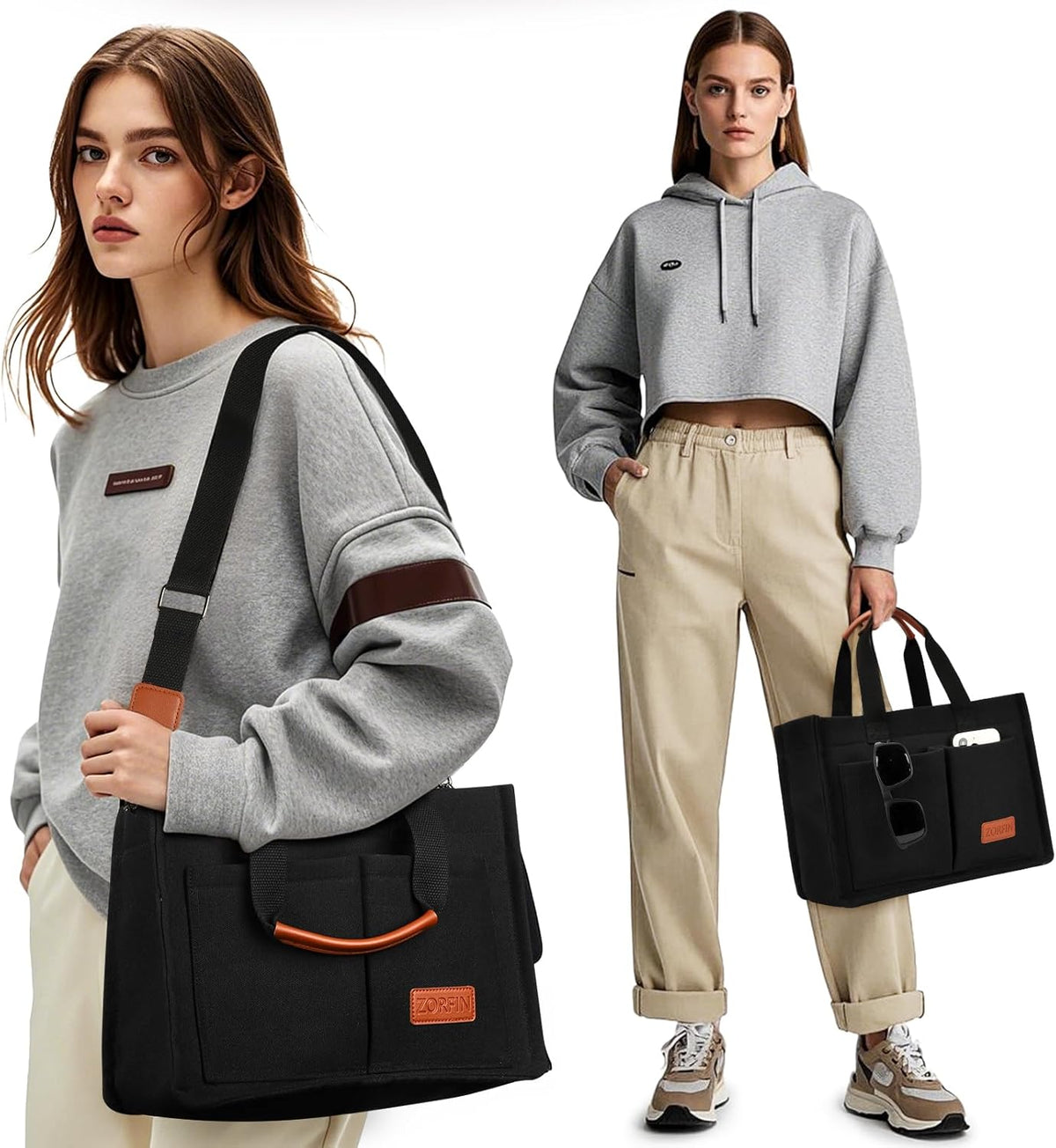 ZORFIN Canvas Tote Bag - Stylish Crossbody Work Bag with Zipper & Compartments | Ideal for Travel & College