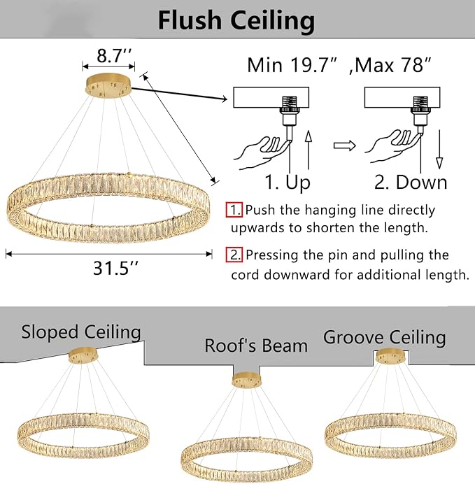 HAIXIANG Modern Crystal Chandelier Dimmable LED Ring Pendant Chandeliers Light