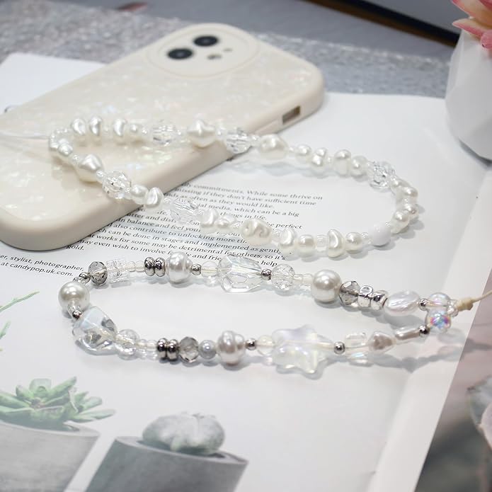 CMVFYL Beaded Camera Wrist Strap, Cute Phone Charms Strap, Pearl Bracelet Wrist