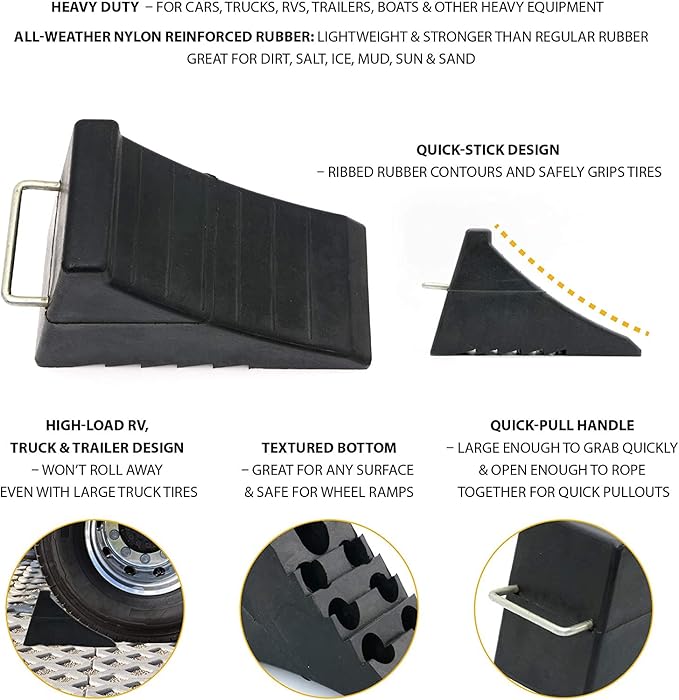 AFA Tooling - Heavy Duty Rubber Wheel Chocks w/Steel Tie Off Handles - RV Wheel Chock for Front & Back Tires - Quick Grip Ribbed Design - Great for Your Camper, Trailer, RV, Truck, Car or ATV - 4 Pack