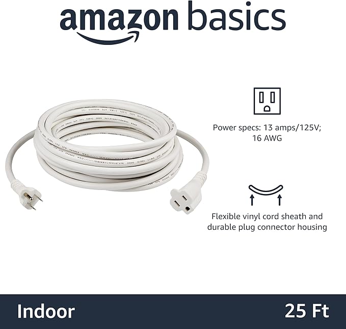 Amazon Basics Indoor Extension Cord, 3 Prong Outlet Extender Power Cord, 13 Amps, 125V, 25 Ft, White, 2-Pack
