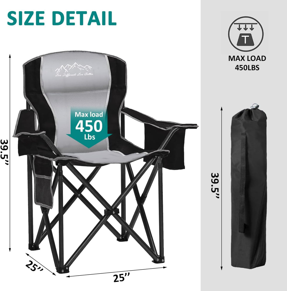 Skiennix Folding Camping Chair - Heavy Duty Portable Lawn Chair with Cooler Bag & Cup Holder | Supports 450lbs, Black