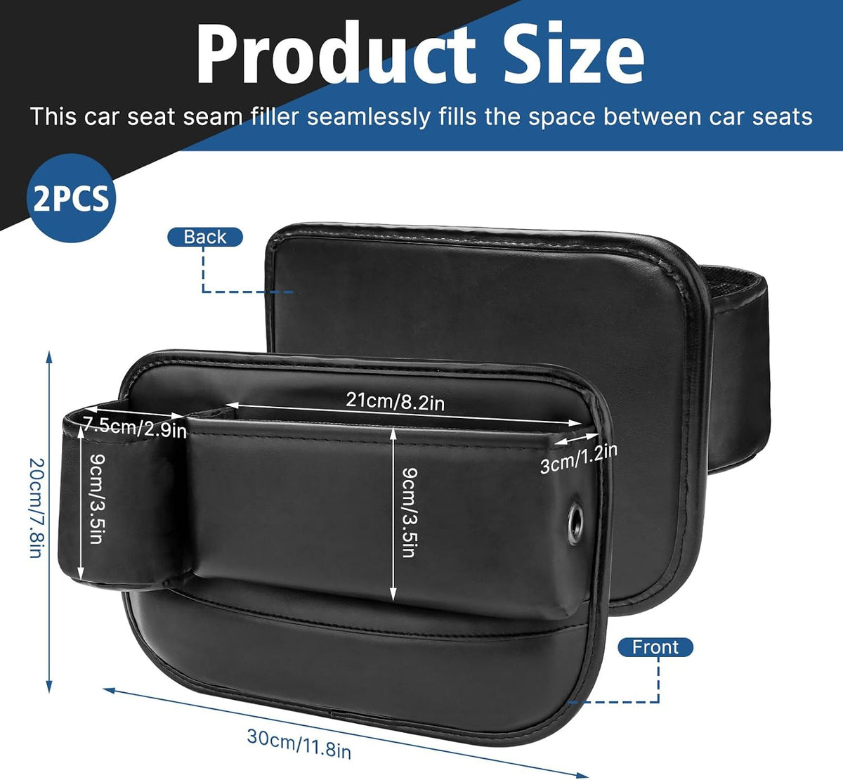 2PCS Black Leather Seat Gap Filler Organizer, Front Seat Gap Storage Box with Cup Holder and Charging Hole, Car Organizer for Phone, Keys, Sunglasses and Drink, Universal Fit Left and Right Side
