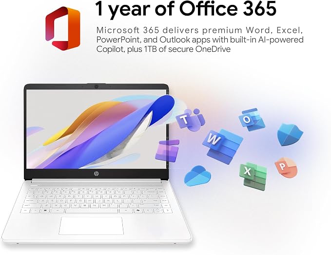 HP 14" Laptop · Microsoft 365 Included · 576GB Storage (64GB + 512GB SD) · 4GB RAM · HD Display · 12-Hour Battery · WiFi · Bluetooth · Windows 11 White