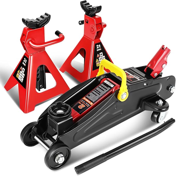 DNA Motoring 2 Ton Car Jack and Stands Kit 2T(4000 lbs) Capacity Low Profile Hydraulic Trolley Service/Floor Jack with 2 Ratchet Stands Combo for Home Garage Shop, Red/Black, TOOLS-00280
