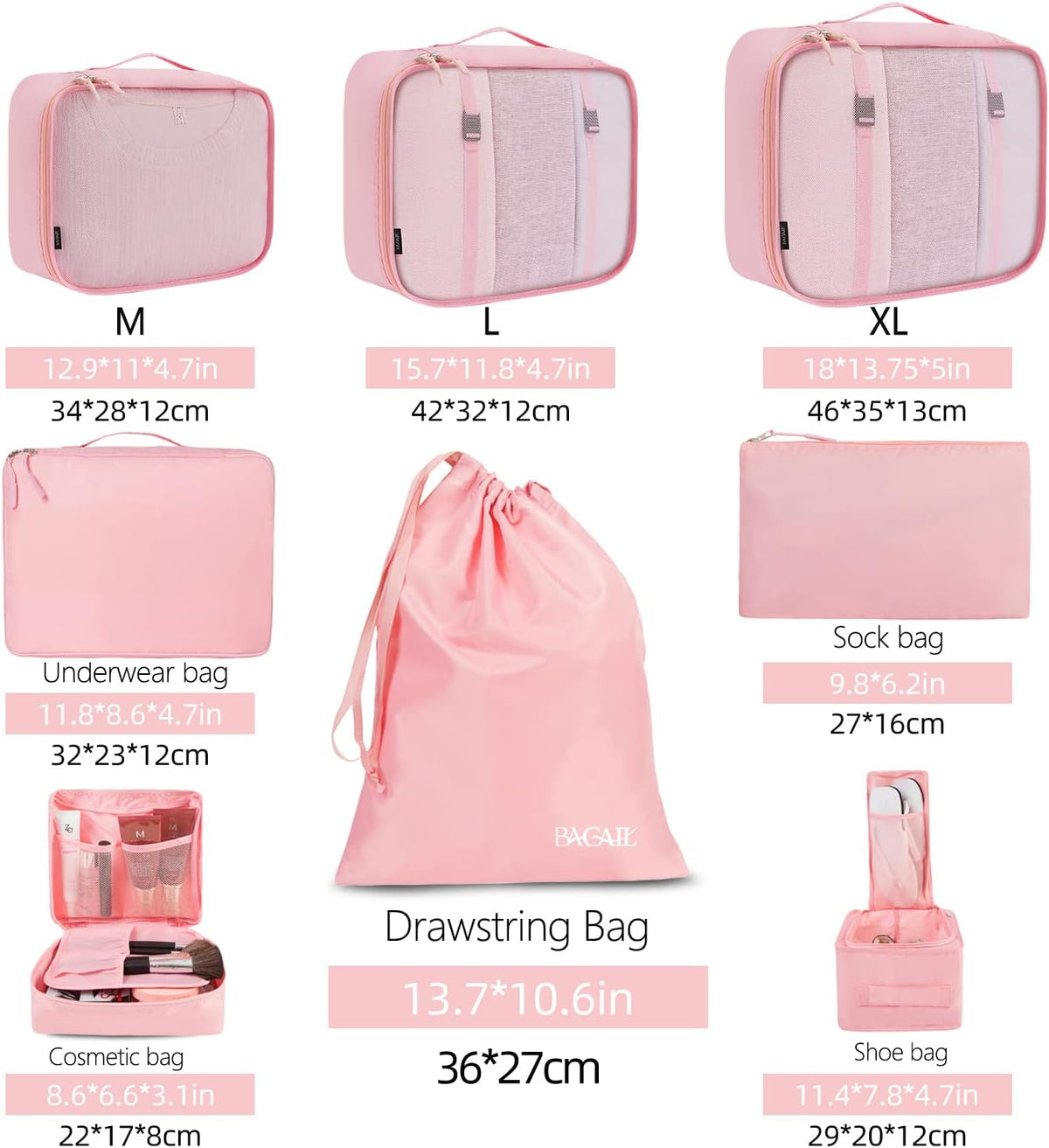 BAGAIL 8 Set Packing Cubes Luggage Packing Organizers for Travel Accessories-Blush Pink