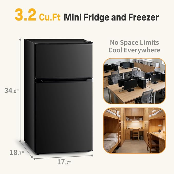 Mini Fridge with Freezer, 3.2 Cu.Ft Mini Refrigerator, Small Beverage Fridges with Adjustable Thermostat, for Bedroom, Office, Dorm, Dual Door, Quiet & Energy Saving, Black