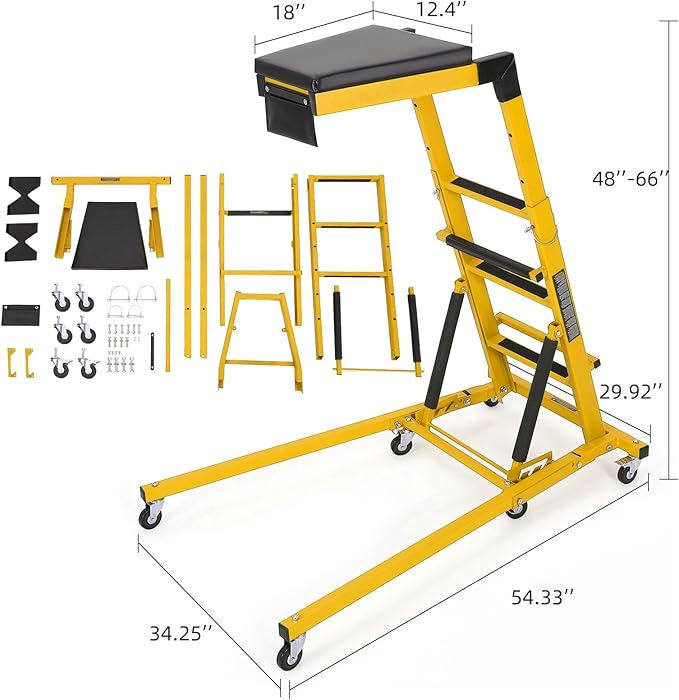 Garvee Top Side Automotive Engine Creeper, Adjustable Height from 48" - 66", 400LBS Capacity Foldable Creeper,6 Swivel Caster Wheels,Thicker Cushion,Tool Pouch, Yellow