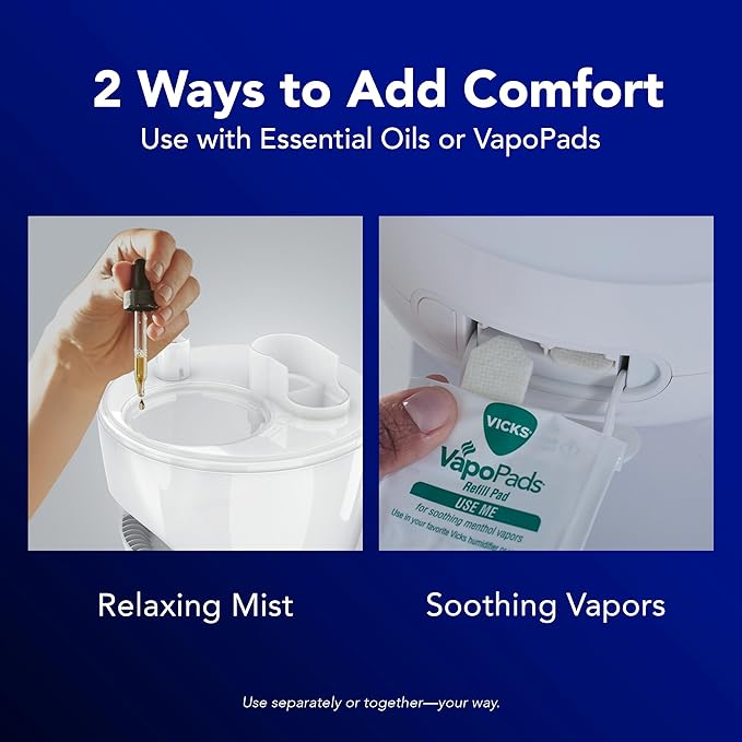 Vicks NaturalCare Cool Mist Ultrasonic Humidifier, Small Room Humidifier for Bedroom, Diffuser with Nighttime Light, Works with Vicks VapoPads, White