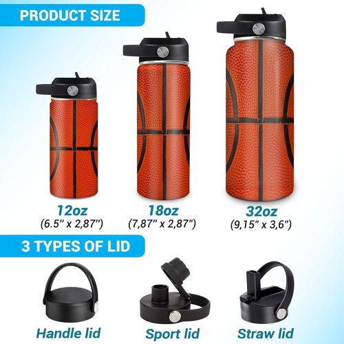 Hyturtle Personalized Basketball Water Bottle - Insulated Stainless Steel, Leak-Proof | 18oz & 32oz Sizes - Perfect Gift for Basketball Lovers
