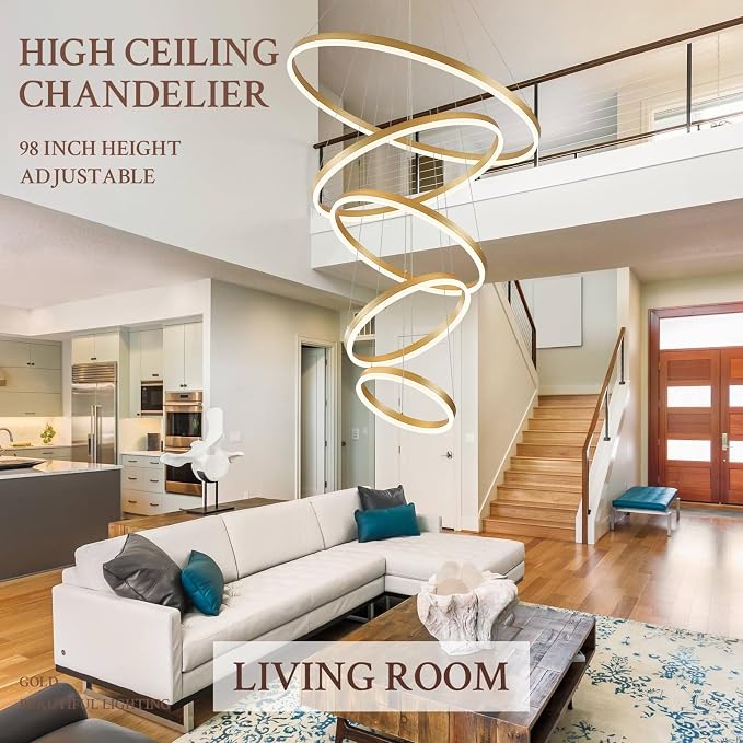 5-Rings D31.5in Modern LED Chandelier Gold Dimmable High Ceiling Chandeliers