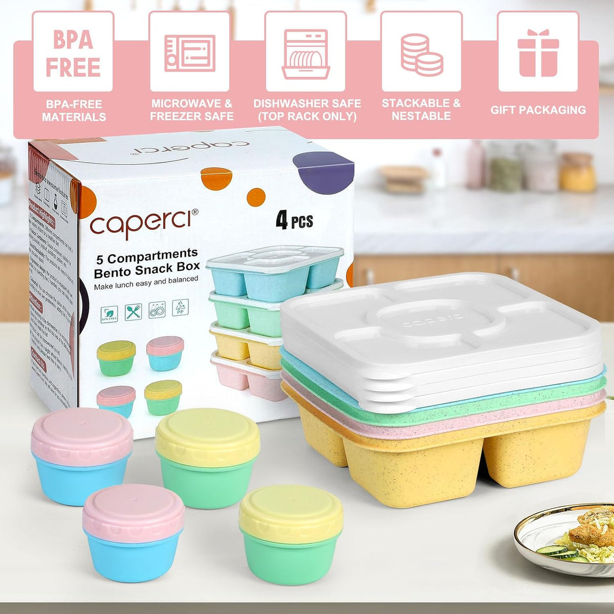 Caperci Original Lunchable Snack Containers for Kids & Adults - 5 Compartments Bento Snack Boxes with 4 Leakproof Small Containers, Wheat Straw, BPA-Free, Set of 4 (Vintage Colors)