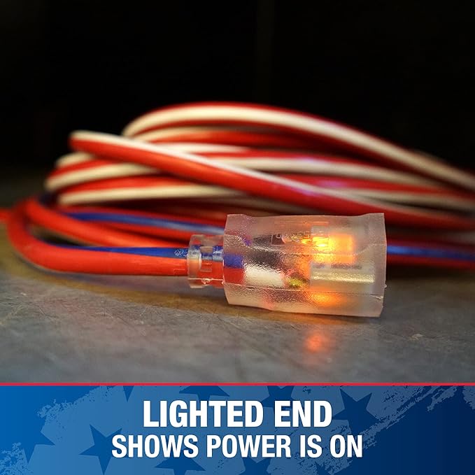 Southwire Heavy Duty Extension Cord, 50Ft, 12 Gauge, 3 Conductor, Outdoor Cord, Lighted End, SJTW, Red/White/Blue, 2548SWUSA1