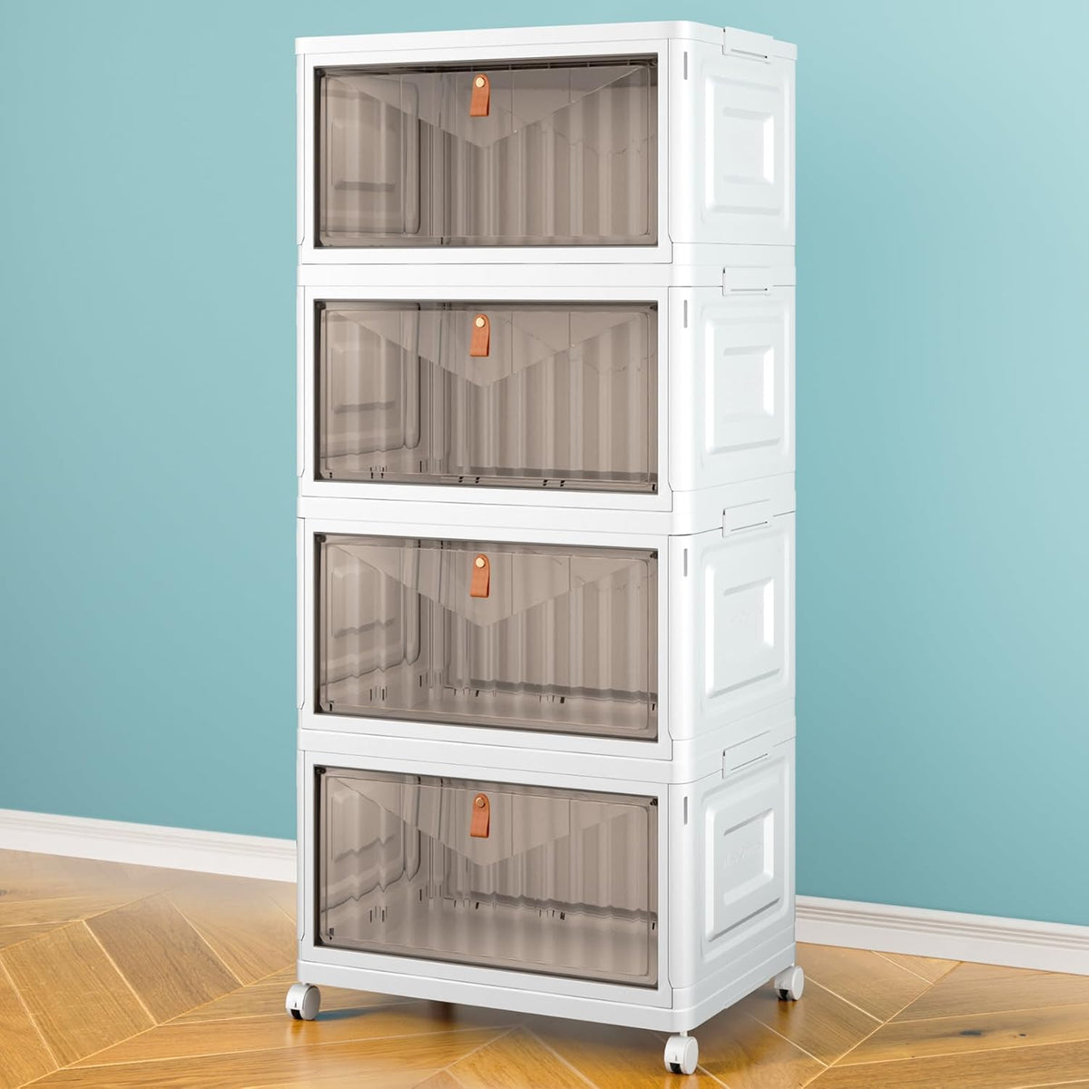 4 Tier Storage Bins with Lids, 23QT Stackable Closet Organizers and Storage with Wheels, Collapsible Storage Boxes, Foldable Plastic Storage Containers for Home,Office, Dorm Room-White
