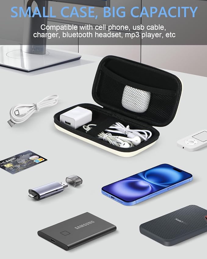 Off White Small Travel Electronic Organizer Case - Universal Hard Carrying Case Portable Storage Pouch Bag for Tech Accessories, Cable, Cord, MP3 Players, Card, Car Key Cash, SD Card