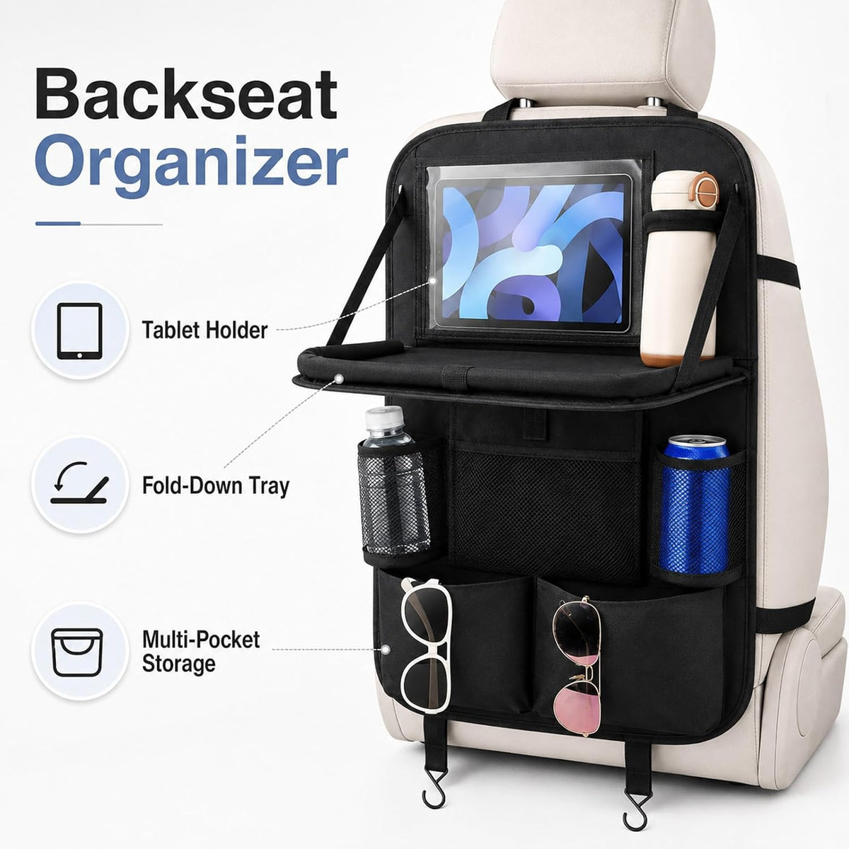 Car Backseat Organizer with Foldable Tray Table (2 Pack), Back Seat Organizer for Kids, Multi-Pocket Kick Mat Protector for Kids Travel Road Trip