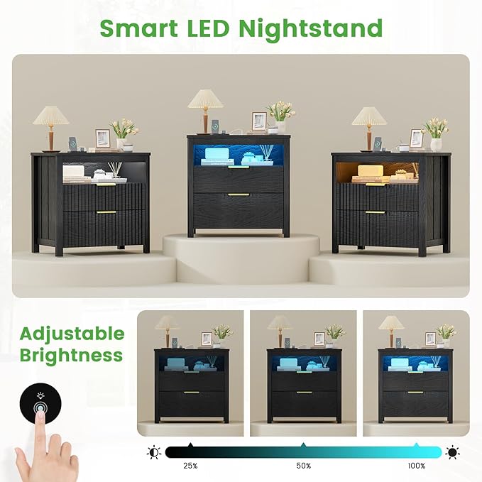HNEBC Set of 2 Smart Farmhouse Nightstands with Gun Safe Drawers, 3-Color Auto LED Lights, Built-in Charging Station & Hidden Compartment, Bedroom Bedside Tables Rustic Brown (91111A-2-Black)