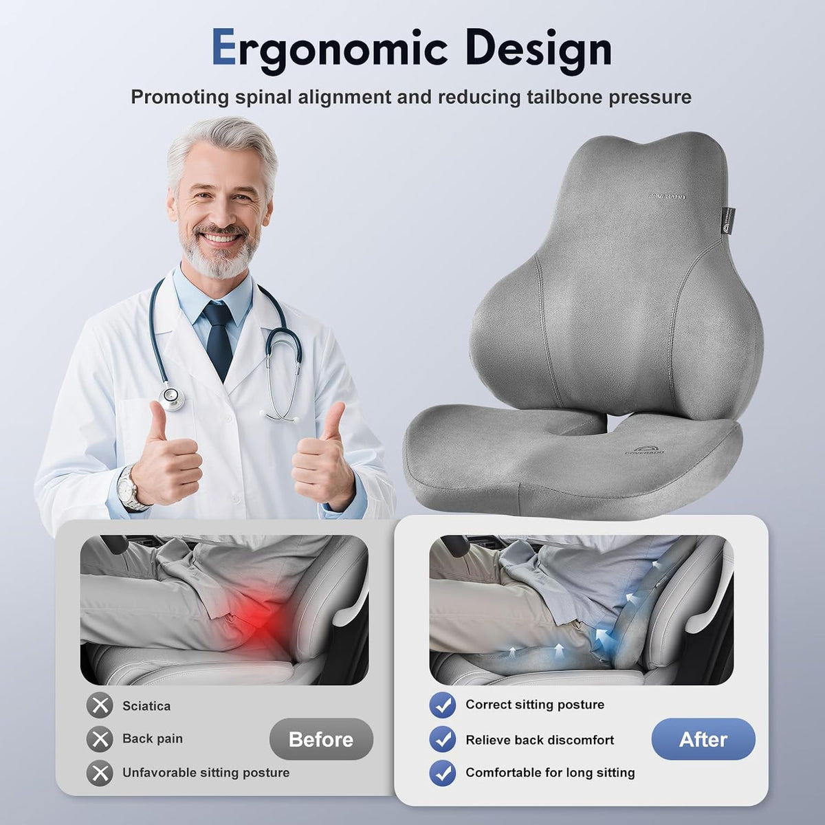 Coverado Memory Foam Car Seat Cushion and Lumbar Support Pillow for Car, Ergonomic Office Chair Cushion for Lower Back Pain Relief, Breathable & Non-Slip for Car, Home, and Office Use, Gray