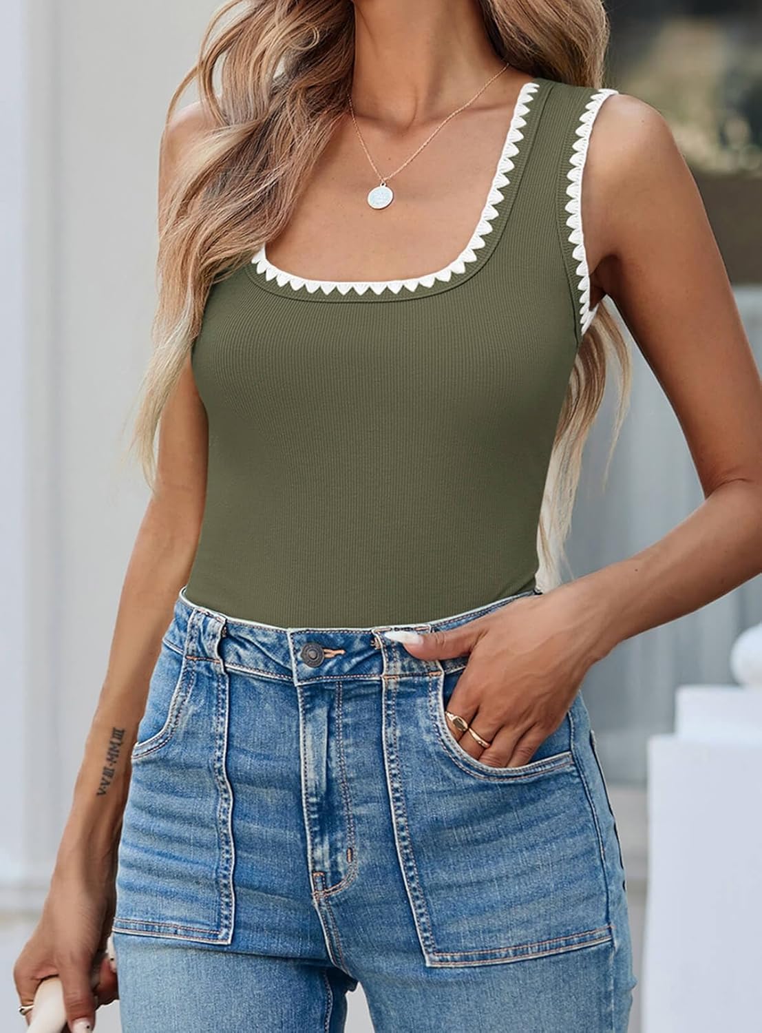 Yousify Women's Square Neck Tank Tops - Casual Slim Fitted Color Block Ribbed Sleeveless Shirts