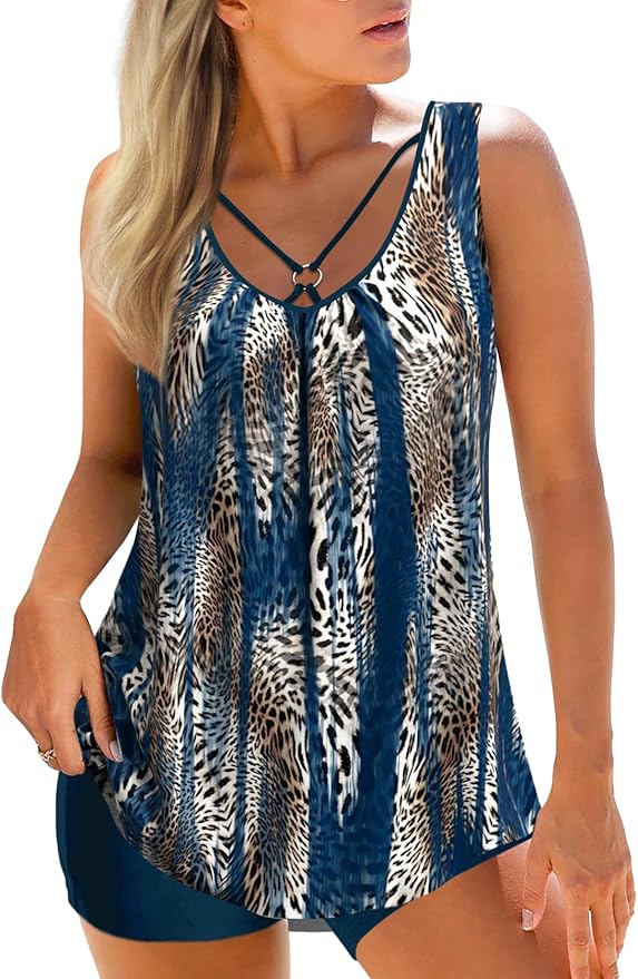 MODLILY Tummy Control Womens Tankini Swimsuits, Two Piece Metal Ring Bathing