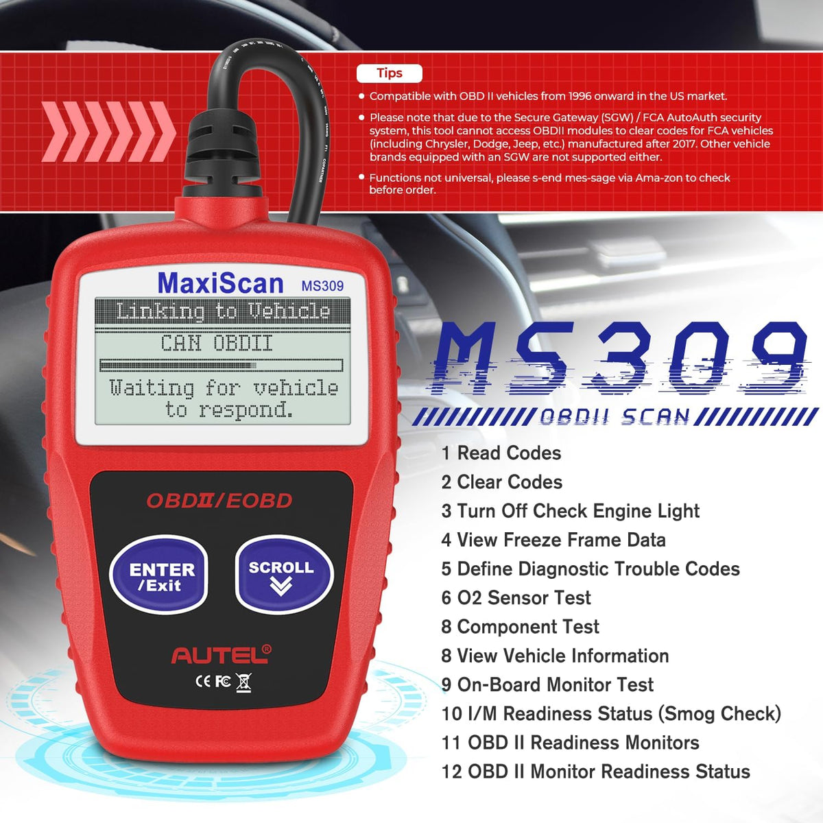 Autel OBD2 Scanner MS309 Universal Car Engine Fault Code Reader, Check Engine Light and Emission Monitor Status, OBDII CAN Diagnostic Scan Tool