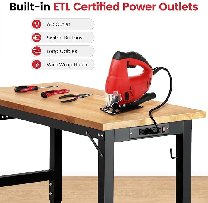 ENJOYWOOD 48" x 20" Heavy Duty Workbench with Wheels, Adjustable Height Garage Work Table with Solid Rubberwood Top, Pegboard & Power Outlets for Workshop, Home & Office