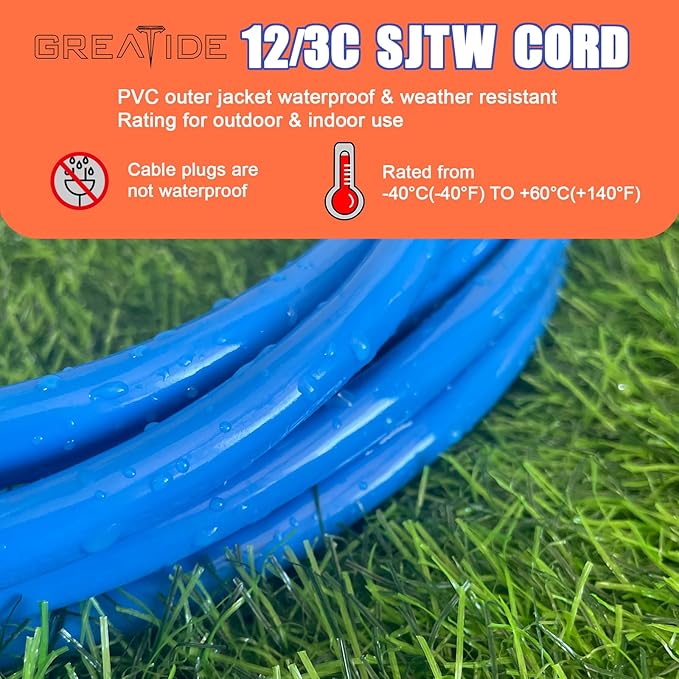 Outdoor Extension Cord with Lighted End, 12 Gauge Heavy Duty 25 FT, 3 Prong Grounded 15 Amp Extension Cord, 12/3 SJTW Waterproof Power Cord for Appliance, UL Listed, Blue