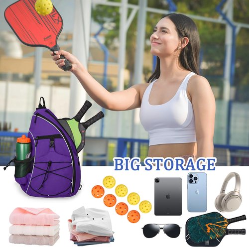 Goloni Pickleball Sling Bag for Men Women, Lightweight Pickleball Backpack with Fence Hook, Large Capacity Pickleball Bag with Anti-Theft Pocket, Water-Resistant for Tennis Padel Sports,Purple