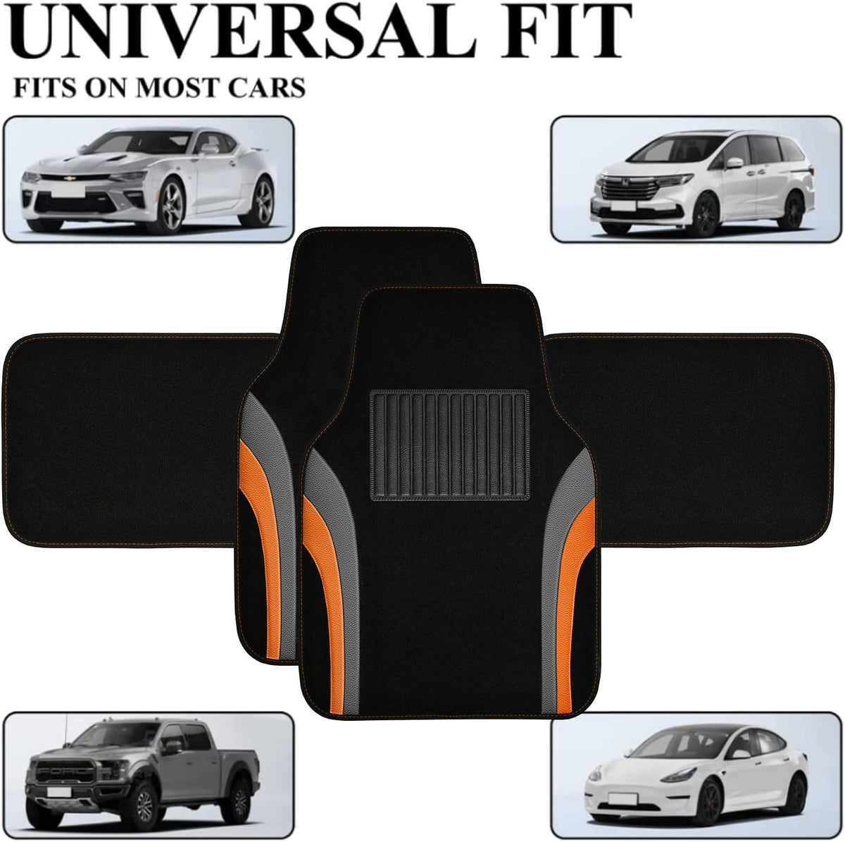 CAR PASS Leather Sporty Car Floor Mats Carpet, Universal Waterproof Automotive Floor Mat Fit for Sedans, Cars, Mid Trucks, Vans, SUV, Set of 4 (Black and Orange)