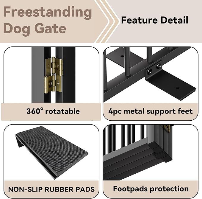 Full Metal Freestanding Dog Gate with Door, 24'' Height Foldable Pet Dog Fence for Indoor & Outdoor, 2 Panels Extra Wide Free Standing SmallDog Gates for Doorways,House,Stairs,Porch,Deck,Yard