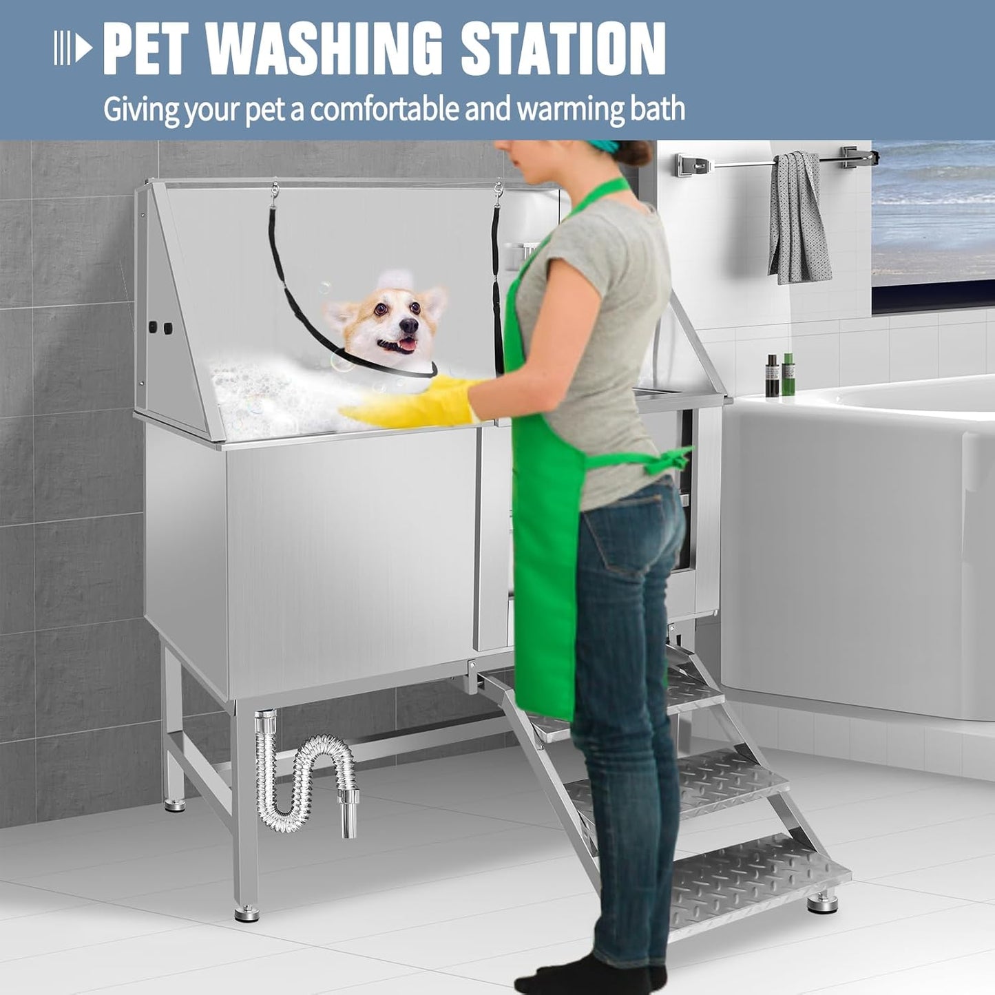 50" Dog Washing Station, Professional Stainless Steel Dog Bathing Station, Equipped/W Three Anti-Slip Steps, Removable Door, Upgraded Spray Nozzle&Hose - for Home, Pet Grooming Salon (50" Right ramp)
