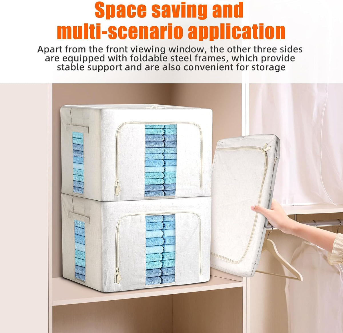 Foldable Clothes Storage Bins with Solid core powder-coated steel fram, 24/ 66L Storage Bags Fabric Box Organizer with Clear Window Zippers Sturdy Handles 2 Pack (Beige, 66L 1Pack)
