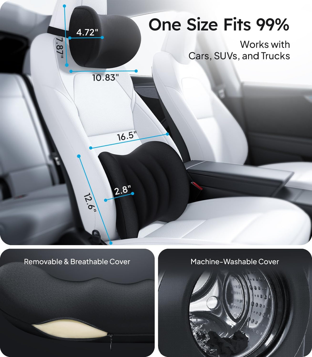 Wigoo 2026 Car Neck Pillow and Lumbar Support Pillow for Car Set [Ergonomic Design, Pressure Relief] Soft Car Headrest Pillow Back Cushion with Adjustable Strap, Fits All Vehicles (Black)
