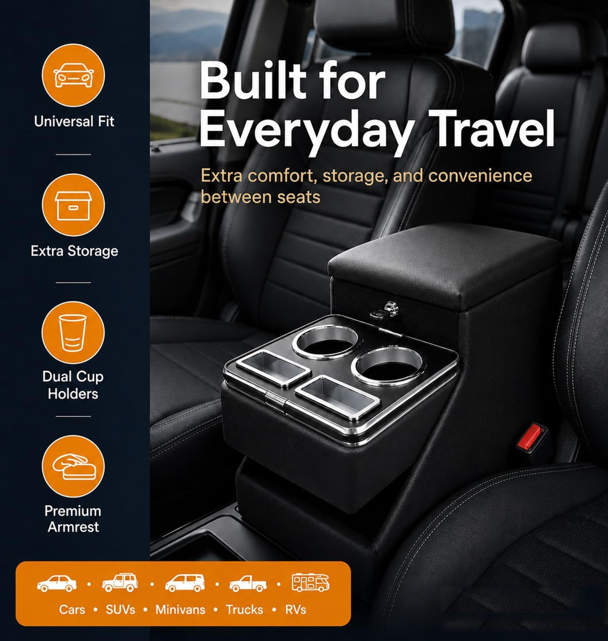 20" L x 9.65" W x 13.78" H, 24L Center Console Between Seats for Minivans, SUVs & Trucks, Floor/Bench Seat Organizer with Locking Hidden Storage, Dual Cup Holders & Armrest