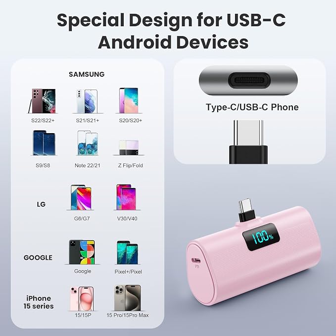 [2-Pack]Small Portable Charger 5200mAh, Upgraded PD USB C Power Bank Built-in USB-C Connector,LCD Display Battery Pack Compatible with iPhone 15/15 Plus/15 Pro/15 Pro Max/Samsung Android(Pink+Purple)