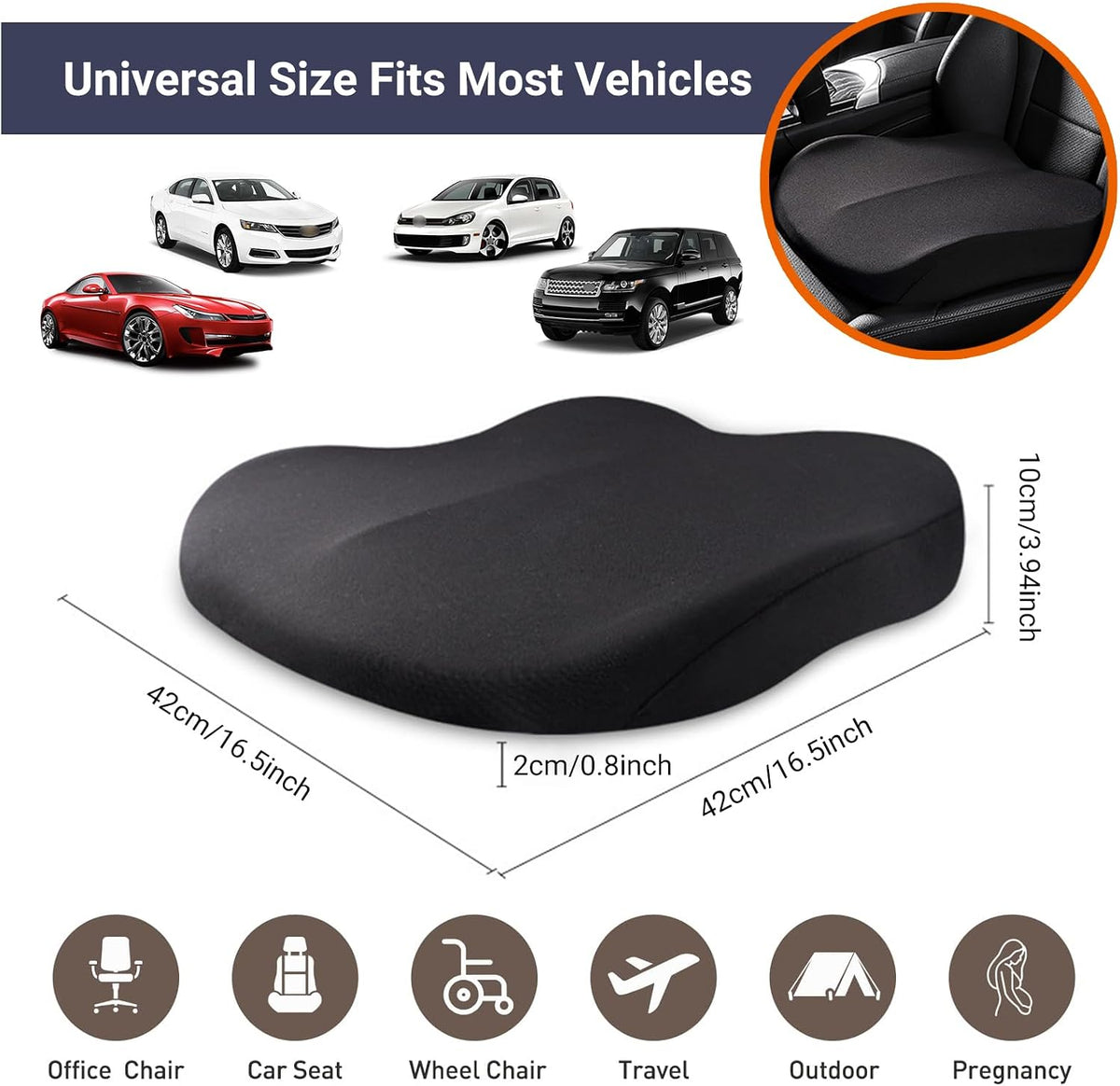 Adult Booster Car Seat Cushion, Wedge Memory Foam Pad for Driving Seat, Effectively Increase Height By 3.94 inch, Car Travel Accessories for Long Trips, (Black)