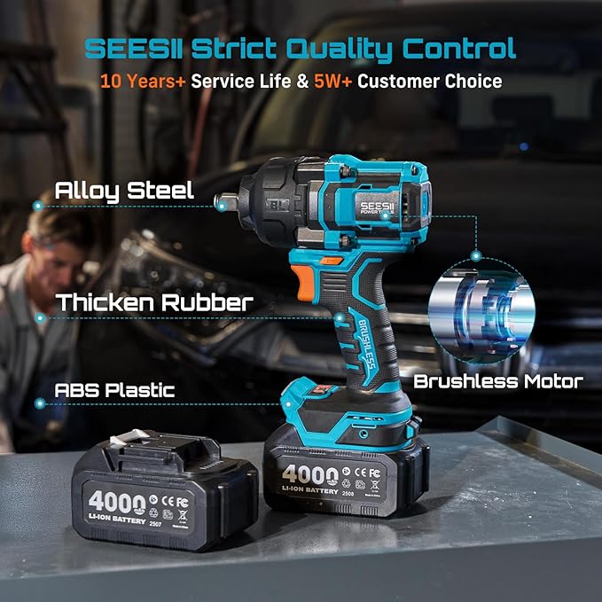 Seesii Impact Wrench 886 Ft-lbs(1200N.m), 1/2 High Torque Impact Gun with 21V 4000mAh Battery, Electric Impact Driver, 2900IPM, 5 Socket, Cordless Impact Wrench for Home Car/Mower/Pickup/Truck RV