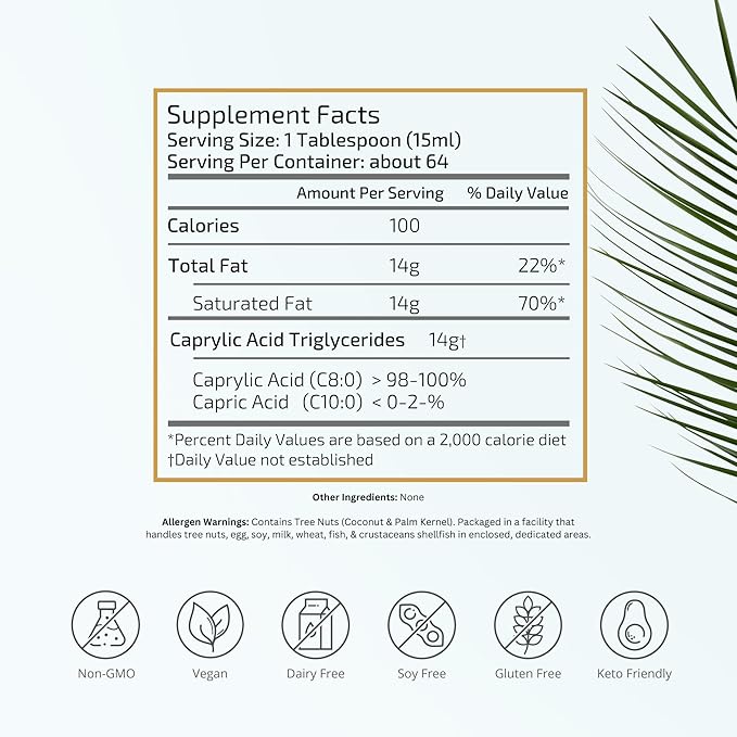 VTC VitaTradingCo. 100% Pure C8 MCT Oil | 3X Distilled Caprylic Acid | Healthy Fat for Clean Energy | Sustainably Sourced | Non-GMO, Paleo, Keto | 32oz, 64 Servings (Unflavored)