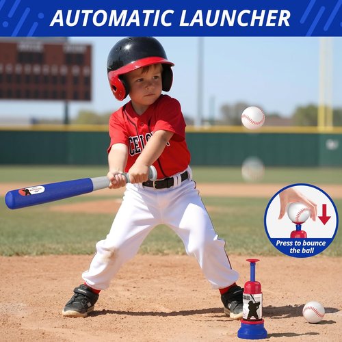 HYES 3-in-1 Baseball Set for Kids 3-5 | Adjustable Tee Ball Stand & Ball Launcher - Blue