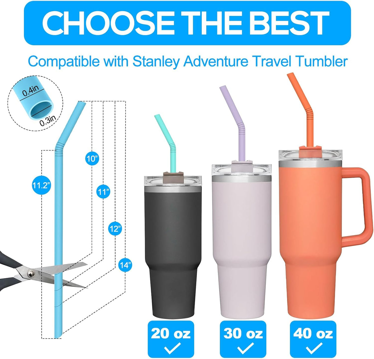 XANGNIER Extra Long Silicone Replacement Straws - 14” Pastel Color Straws for Stanley 40 oz Cup | 6 Pack with Cleaning Brush