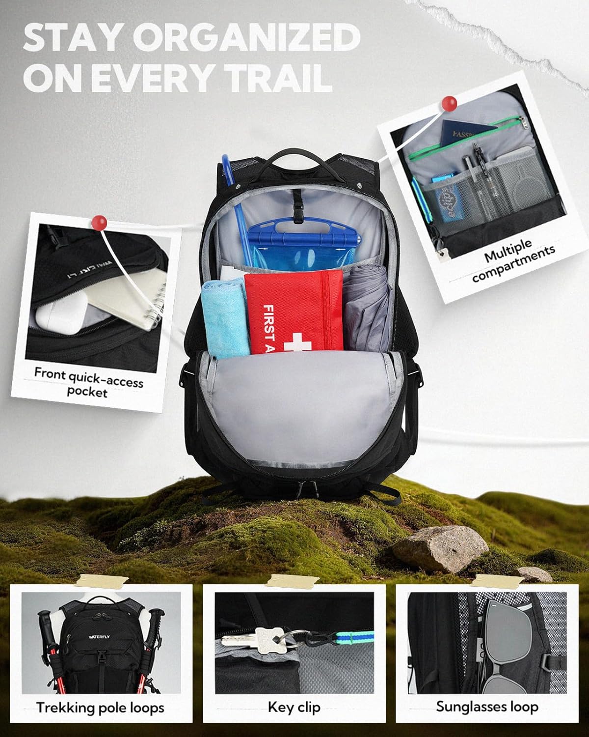 WATERFLY Lightweight 20L Hiking Backpack - Breathable Daypack with Phone Pocket & Hydration Compatibility