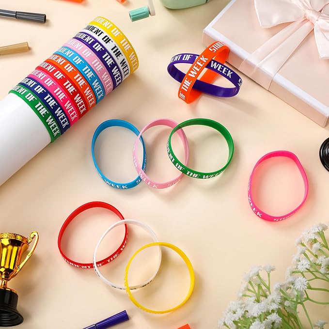 100 Pcs Student of the Week Silicone Wristbands 10 Assorted Color Reward Rubber