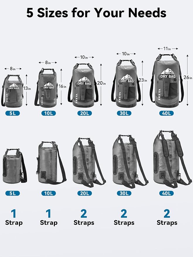 HEETA Dry Bag Waterproof for Women Men, 5L/10L/20L/30L/40L Roll Top Lightweight
