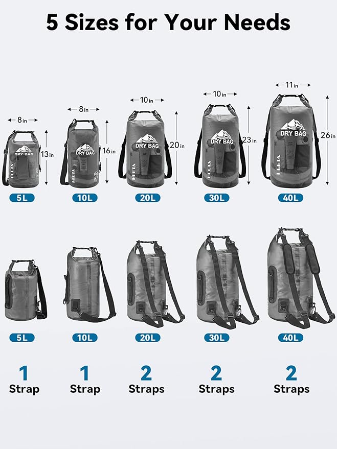 HEETA Dry Bag Waterproof for Women Men, 5L/10L/20L/30L/40L Roll Top Lightweight